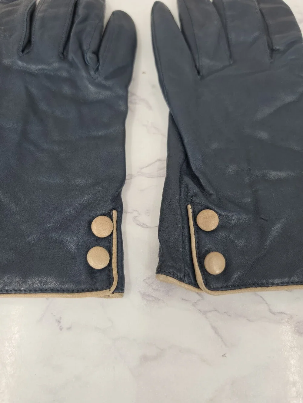 Vintage Navy Leather Short Driving Gloves with Taupe Button Detail and Trim